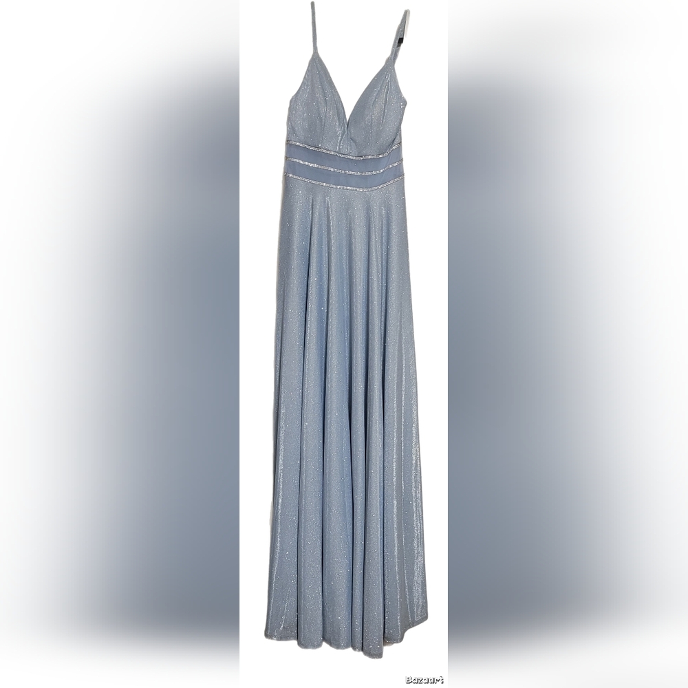 XTRAORDINARY BLUE GLITTER WITH RHINESTONES AT THE WAIST MAXI GOWN DRESS